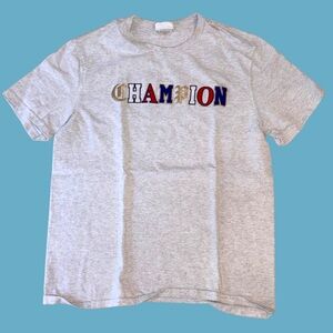 Champion Gray Tee L Chenille Applique Multi Font Glitter Logo Streetwear